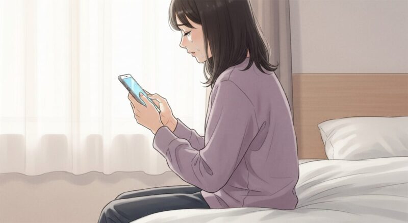 スマホを見つめながら涙ぐむ日本人女性の後ろ姿の繊細なイラスト
