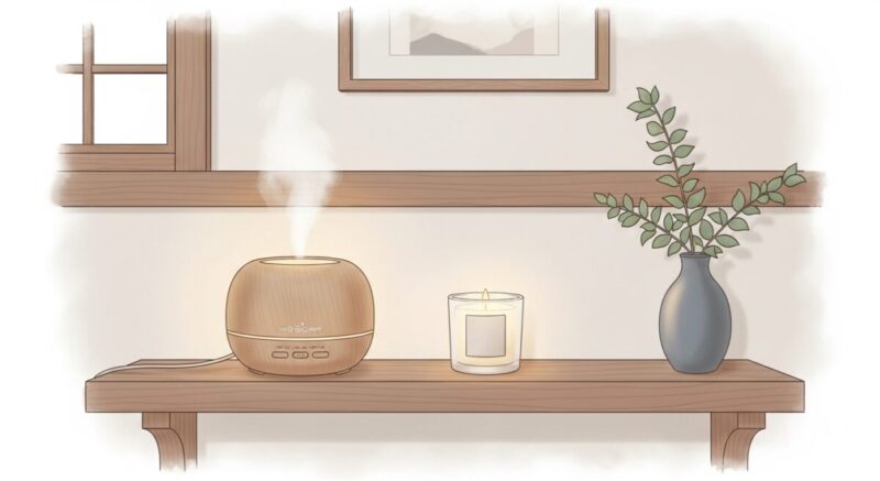 アロマディフューザーとキャンドルが並んだ落ち着いた室内空間のイラスト