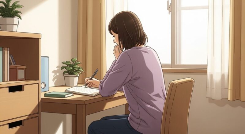 自室のデスクでノートに向き合い、自分の気持ちを丁寧に書き留める日本人女性の後ろ姿のイラスト