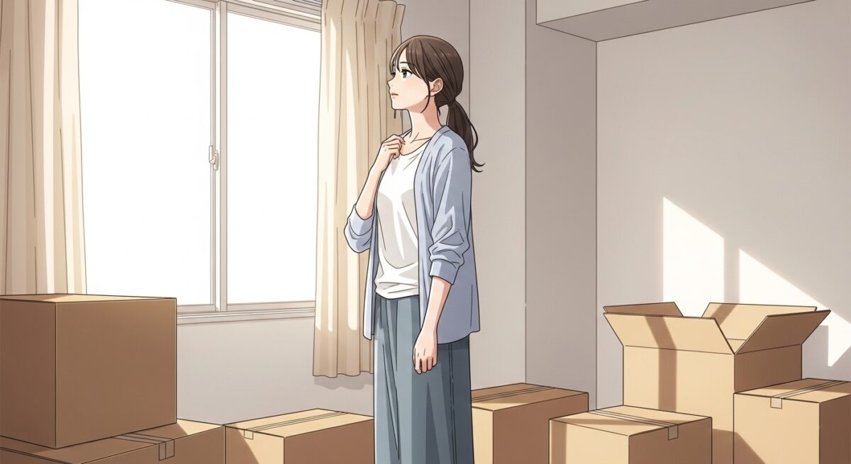 引越し準備中の部屋で、窓の外を静かに見つめる日本人女性の繊細なイラスト