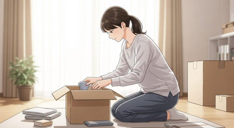 ダンボールに思い出の品を丁寧に詰めながら引越し準備をする日本人女性のイラスト