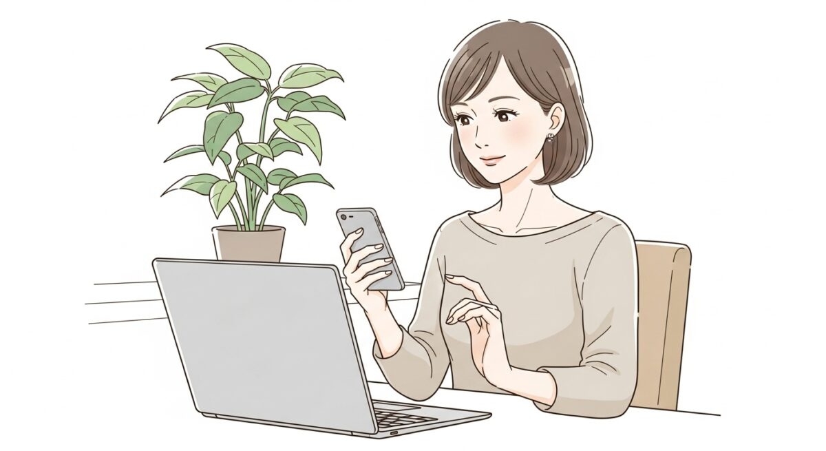 復縁相談のために電話占いサービスを比較検討している日本人女性のイラスト