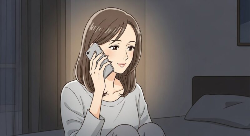 夜、スマホで電話占いを利用する日本人女性のイラスト
