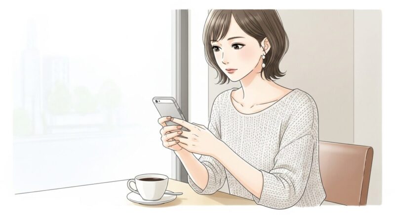 電話占いの口コミをスマホで比較する日本人女性のイラスト