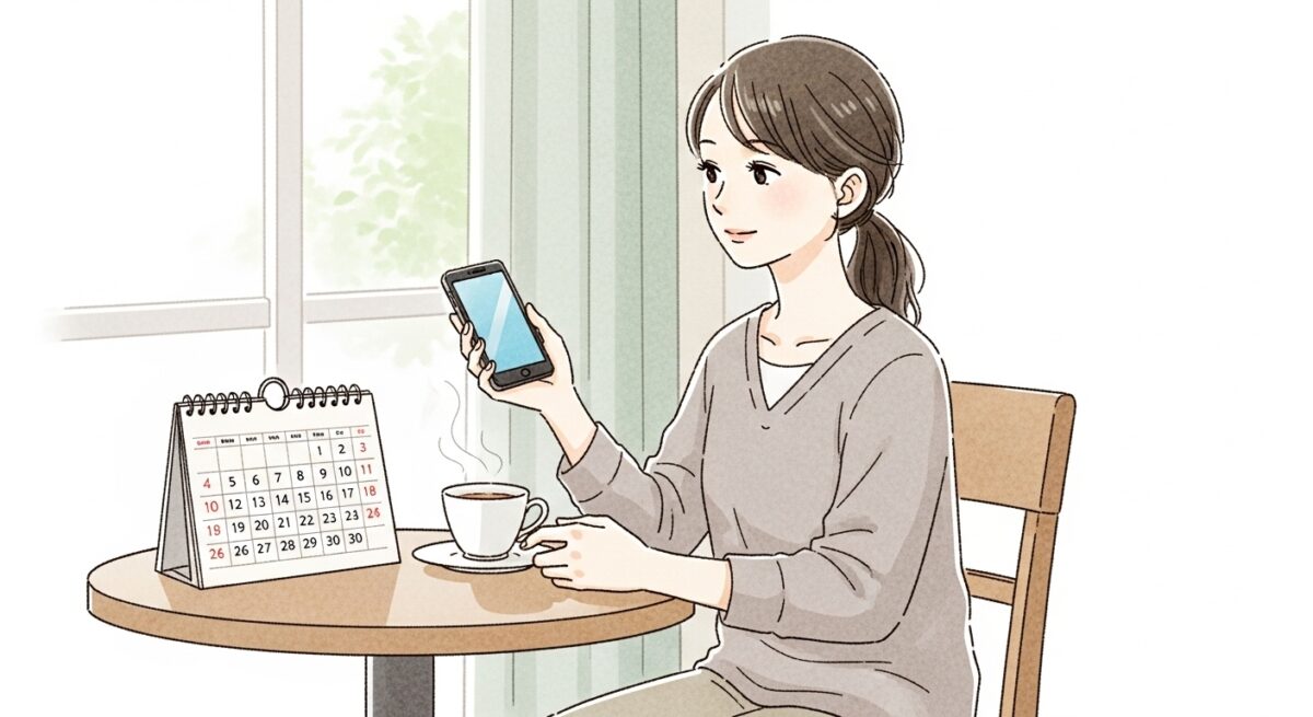 カレンダーを見つめながら冷却期間の節目に思いを巡らせる日本人女性の落ち着いたイラスト