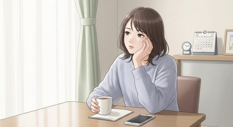 静かな室内でスマホを机に置き、カレンダーを眺めながら再連絡を迷う日本人女性の落ち着いたイラスト