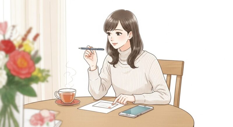 カレンダーの横でメッセージカードを書きながら連絡を考える日本人女性の穏やかなイラスト