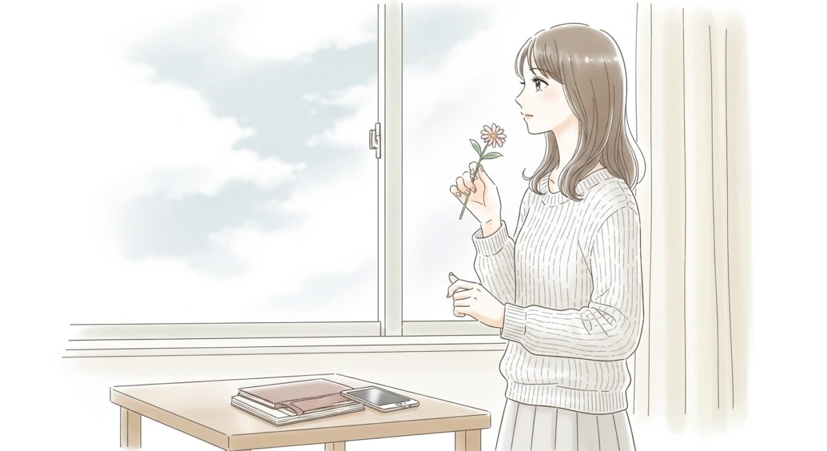 窓辺で花を見つめながら物思いにふける日本人女性のイラスト。落ち着いた表情で変化を静かに受け止めている様子。