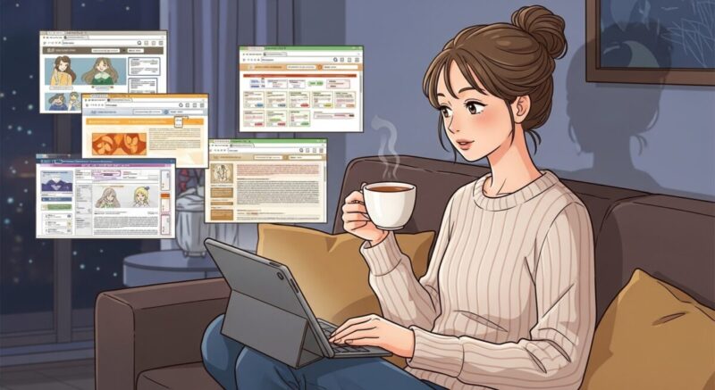夜のリビングでタブレットを操作しながらコーヒーを飲む日本人女性のイラスト。複数のサイトを閲覧しながら情報収集中の場面。