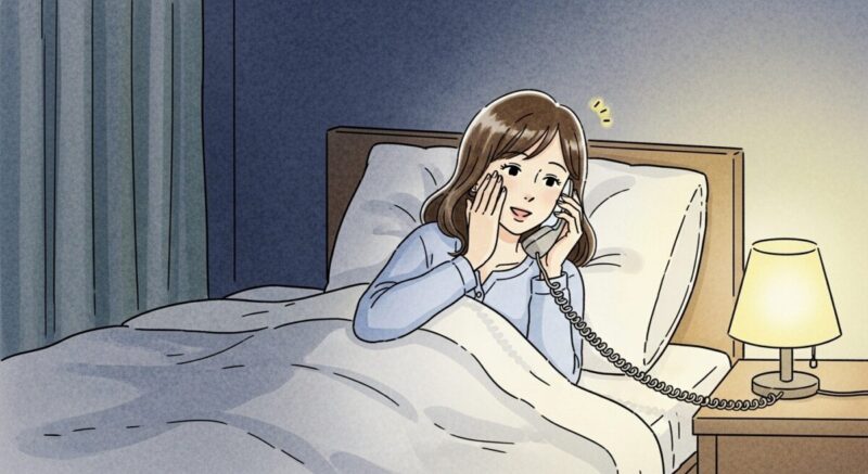 夜の寝室で電話をしながら嬉しそうに微笑む日本人女性のイラスト。やさしい照明のもとで会話を楽しむ姿。