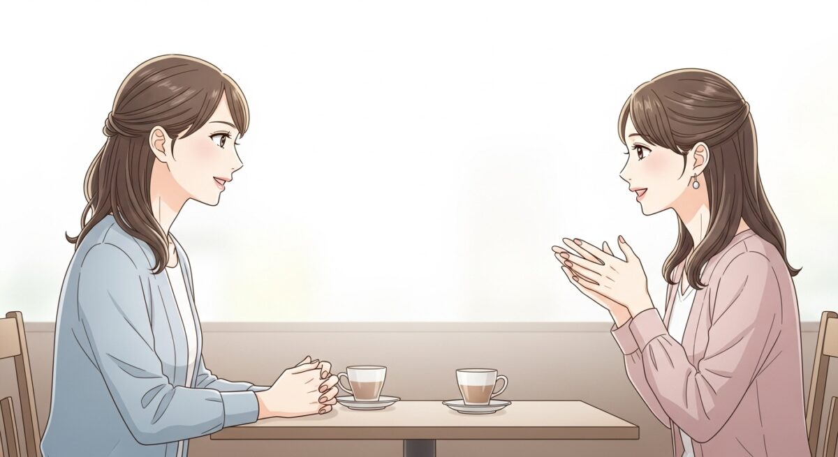 カフェで向かい合い、落ち着いた雰囲気で会話する2人の日本人女性のイラスト(冷却期間から復縁した女性のインタビュー風景)