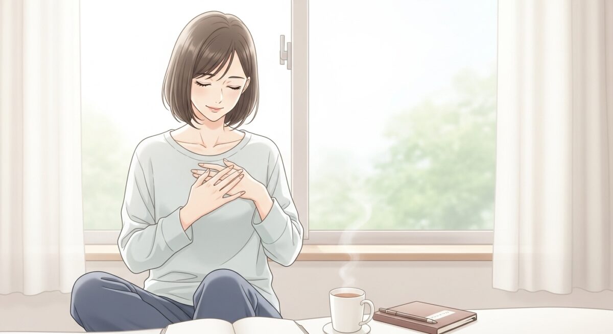 朝の光の中で自己と向き合い、自分を見つめ直している日本人女性の繊細なイラスト