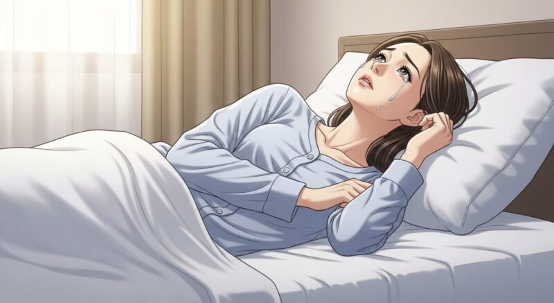 布団の中で涙をこらえて天井を見つめる日本人女性のイラスト