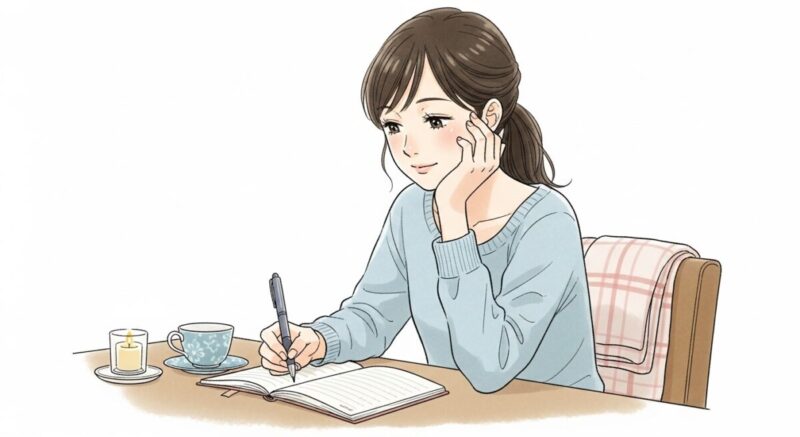 静かな部屋で日記に気持ちを書き出している日本人女性のイラスト