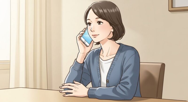 電話で占い師に相談しながら落ち着いた表情を浮かべる日本人女性。