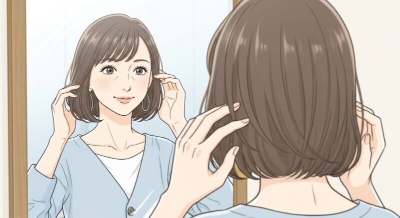 新しい髪型に微笑みながら鏡を見る日本人女性。