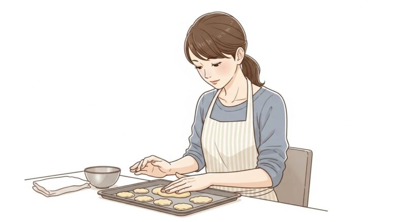 料理教室でクッキーを作りながら真剣に作業する日本人女性。