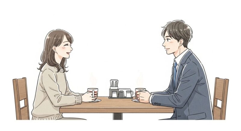 カフェで向かい合いながら微笑み合う日本人男女。少し緊張感のある再会の場面。