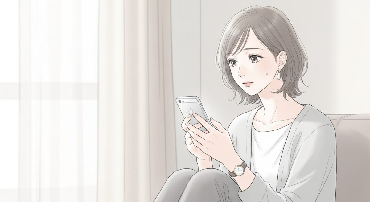 スマホを手に取り、LINEの内容に思いを巡らせる30代の日本人女性の繊細なイラスト