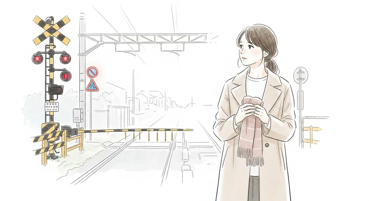 踏切の前で立ち止まり、次に進むタイミングを考えている女性の繊細なイラスト（朝の静かな情景）