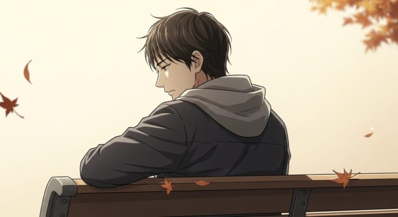 思い出に浸る30代の日本人男性の後ろ姿を描いた落ち着いたイラスト