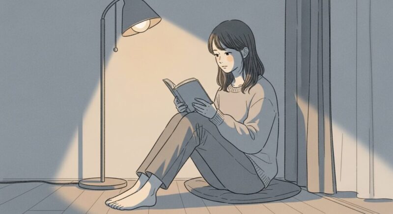 夜の部屋で本を読みながら、自分の気持ちを見つめ直す女性のイラスト