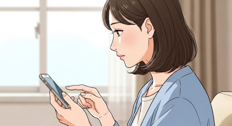 誕生日メッセージを送ろうとスマホを見つめる日本人女性の横顔のイラスト