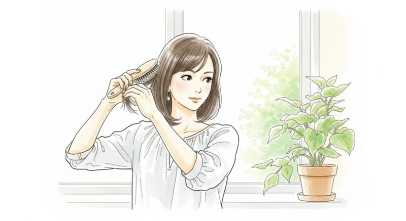 髪を整えながら静かに過ごす女性のイラスト（冷却期間中の自分磨き）