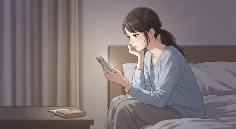 占い相談をするか悩んでスマホを見つめる日本人女性の夜の室内イラスト