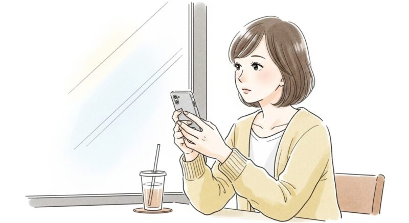 カフェでスマホを見つめ、SNSの投稿に気づきを得る女性の繊細なイラスト