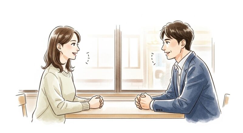 カフェで笑顔を交わしながら、距離感を保って話す男女のイラスト