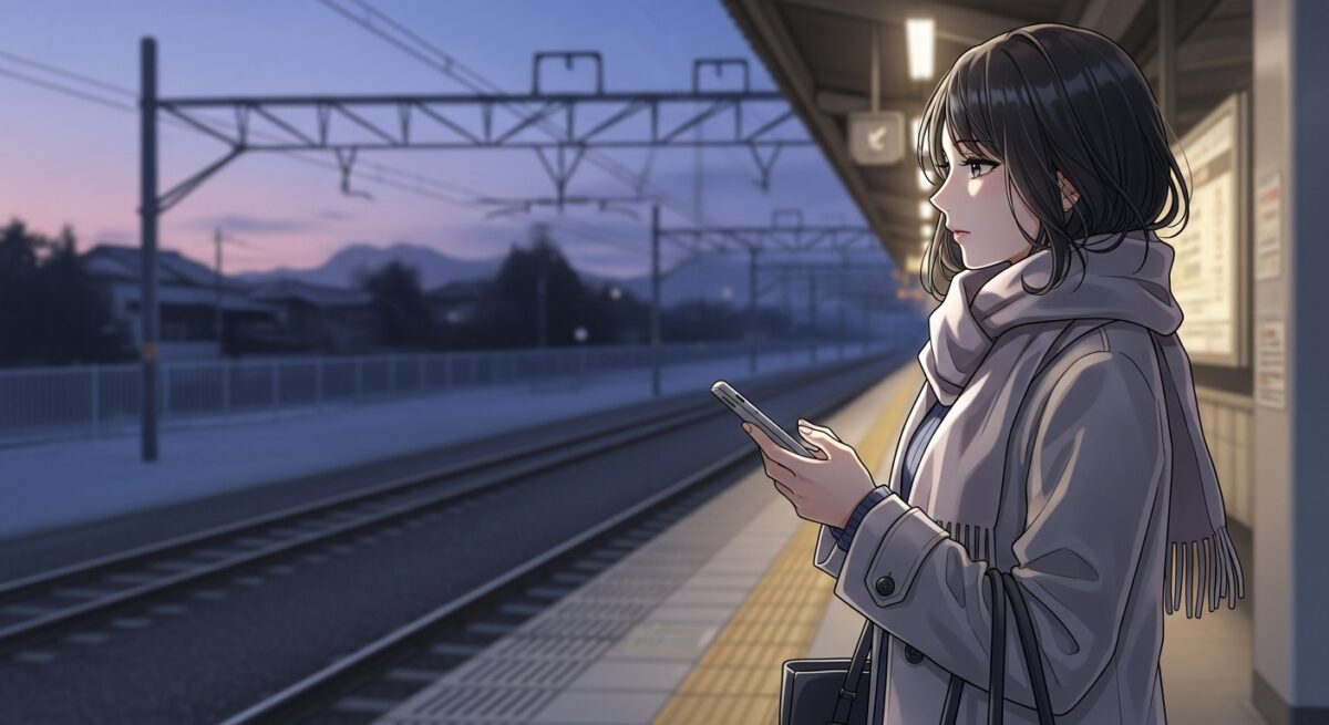 夕暮れの駅のホームで立ち止まり、スマホを手に静かに物思いにふける女性のイラスト