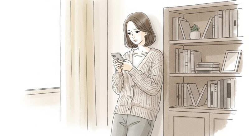 夜の静かな部屋で本棚にもたれ、スマホを手に思い悩む女性の繊細なイラスト