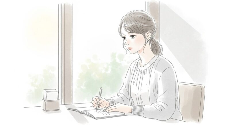 カフェでノートに気持ちを書き出しながら、自分自身と向き合う大人の女性のイラスト