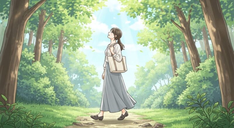 森の小道を歩きながら空を見上げ、冷却期間の気づきを得た女性の穏やかなイラスト