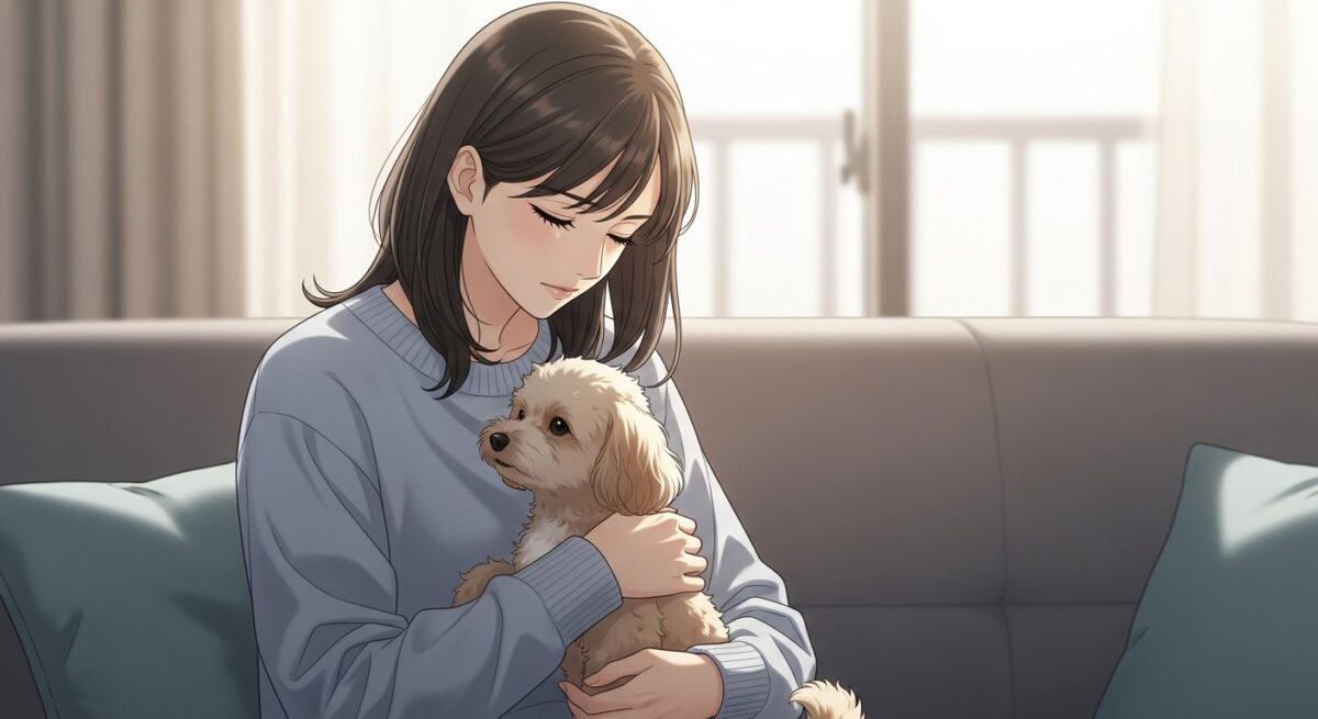 ソファで小型犬を抱きながら目を閉じて静かに過ごす日本人女性の繊細なイラスト