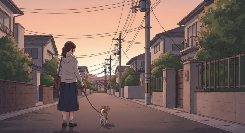 夕暮れの住宅街を小型犬と一緒に静かに歩く日本人女性の後ろ姿のイラスト