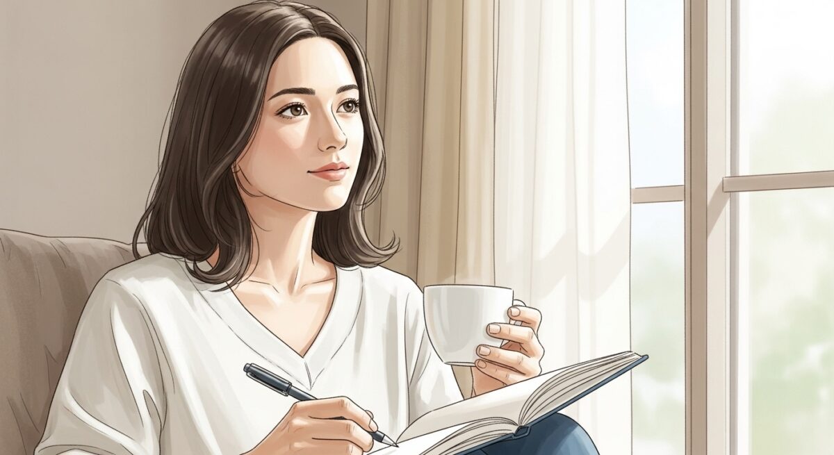 復縁を願いながら冷却期間を過ごす大人の女性が、ノートに気持ちを書き留めている落ち着いた雰囲気のイラスト
