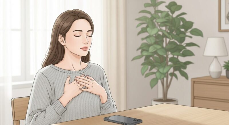 スマートフォンを伏せて深呼吸し、冷静さを取り戻す大人の女性のイラスト