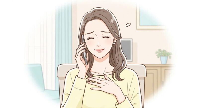 占い師との電話に安心し、穏やかに微笑む大人の女性の繊細なイラスト
