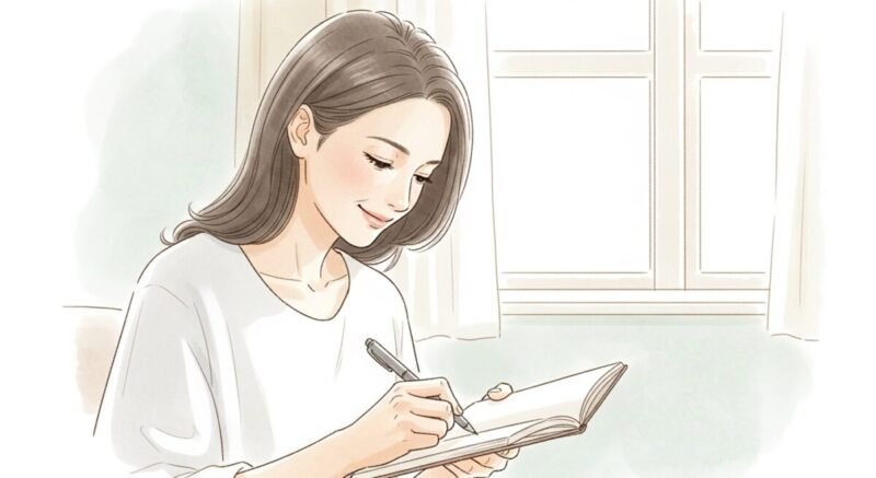 ノートに自分の気持ちを丁寧に書き留め、穏やかに微笑む30代女性の繊細なイラスト