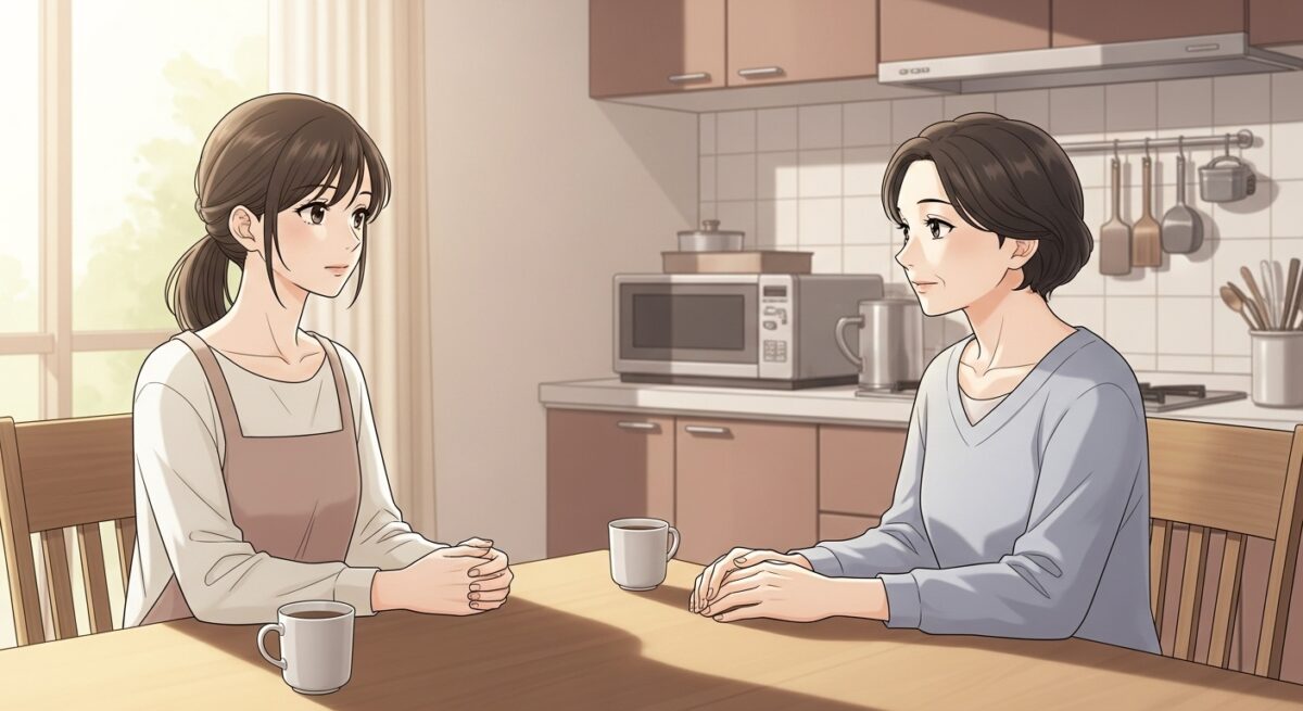 母と朝のキッチンで静かに話す日本人女性の繊細なイラスト