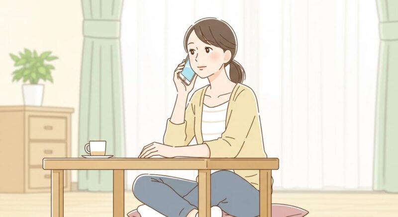 電話で占い師に相談している日本人女性の落ち着いたイラスト