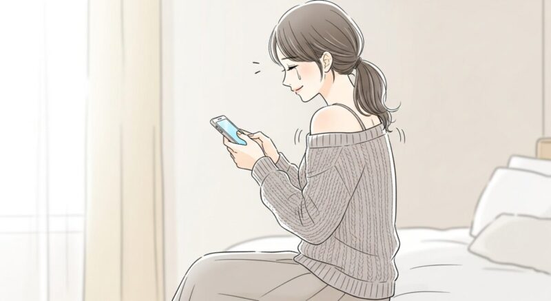 スマートフォンを見て安堵の涙を流す日本人女性の、横顔または後ろ姿の繊細なイラスト