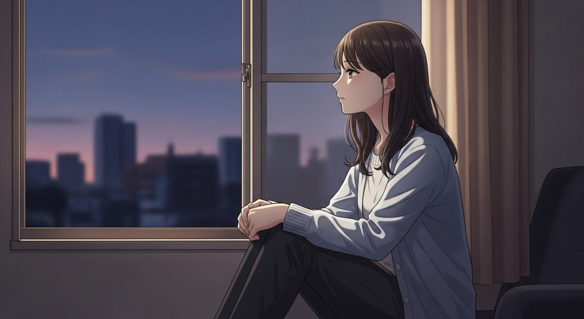 冷却期間中、夕暮れの窓辺で静かに彼を思い出している日本人女性のイラスト