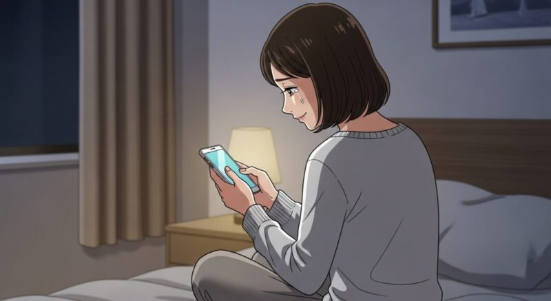 元彼からの返信を見て涙ぐむ女性の後ろ姿のイラスト（室内・夜）