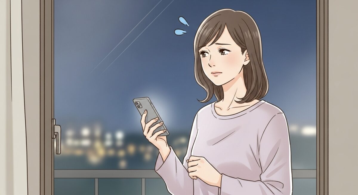 夜の窓辺でスマホを手に持ち、SNSを見ない決意をした日本人女性のイラスト