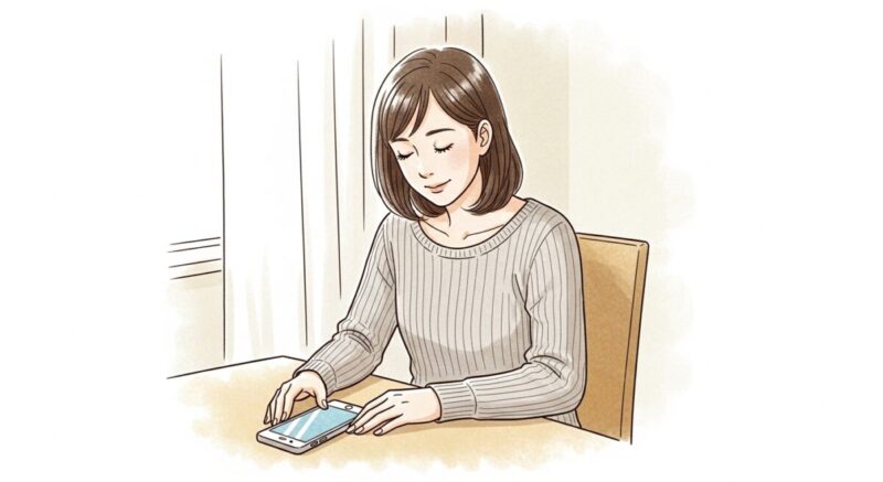 スマホを伏せ、目を閉じて落ち着いた表情を浮かべる日本人女性の繊細なイラスト(室内)