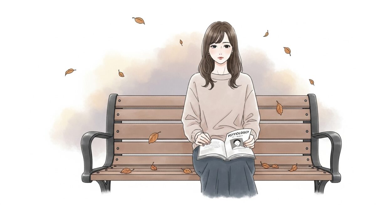 夕暮れの公園で心理学の本を膝に抱え、静かに考え込む日本人女性。