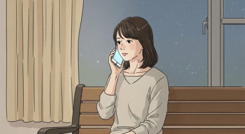 窓辺でスマホを手にしながら、穏やかな表情で相談を聞く日本人女性のイラスト。